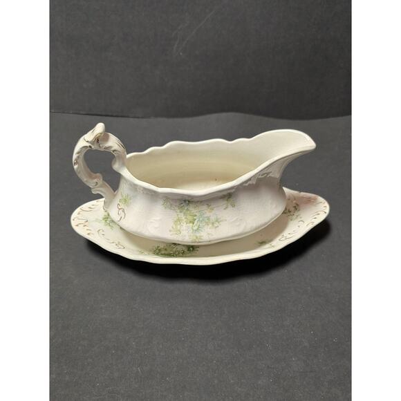 Vintage W H Grindley Daisy Gravy Boat Underplate Green Floral Gold Trim England - Picture 2 of 13